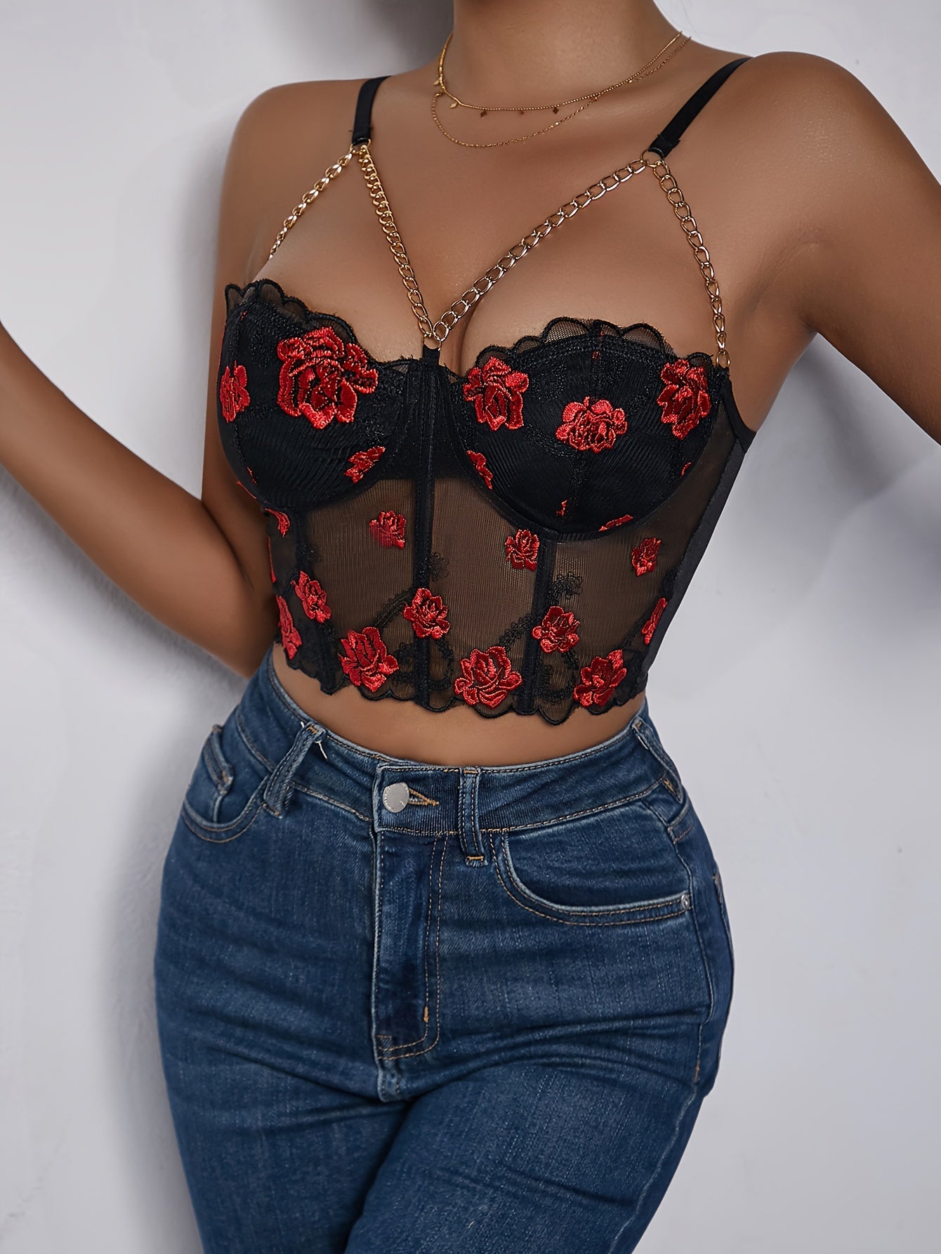 Floral Print Chain Detail Cami Top, Elegant Sleeveless Crop Top for Spring & Summer, Women's Clothing