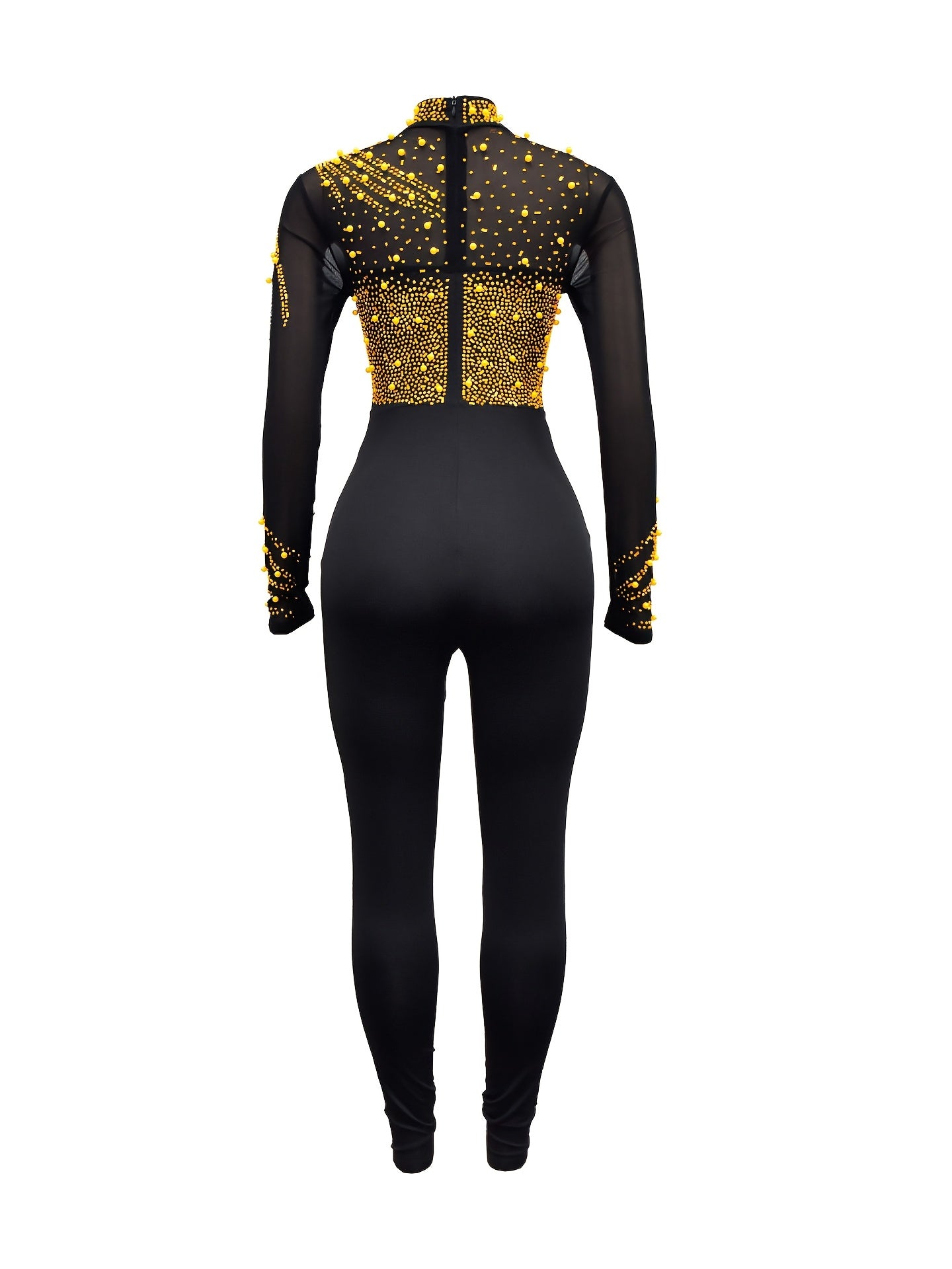 Rhinestone Illusion Neck Jumpsuit, Elegant Long Sleeve Tight Jumpsuit For Party & Club - Women's Clothing -  Sparkly Rhinestone Design -  Suitable for Evening Events & Parties - Perfect Gift for Women