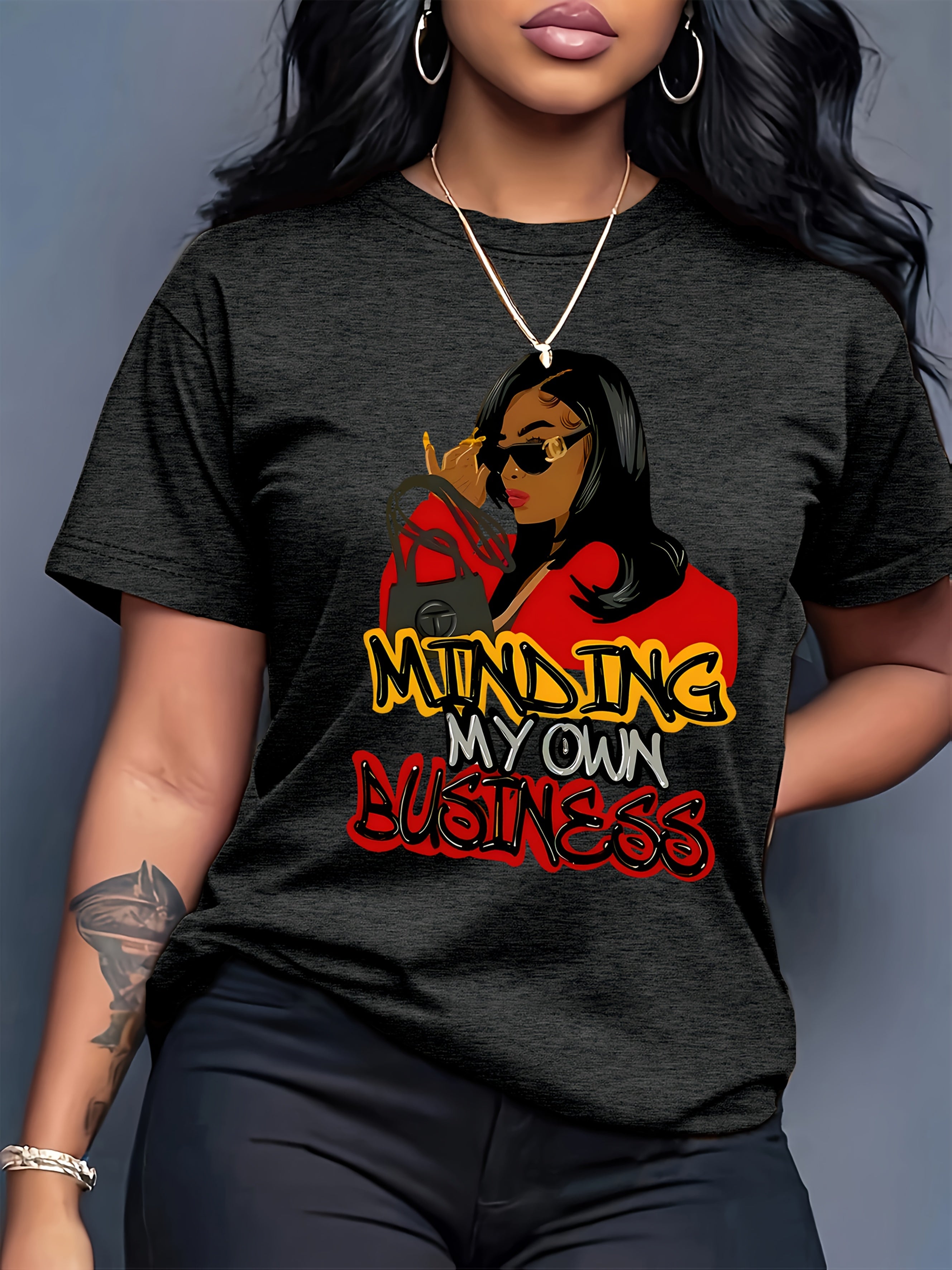 [Stylish T-Shirt] Polyester Women's Casual T-Shirt - Stylish Cartoon Character Print "MINDING MY OWN BUSINESS" Design, Machine Washable, All-Season Wear