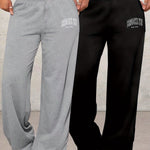 2pcs Women'S Letter BROOKLYN Print High Waist Wide Leg Loose Pocket Casual Jeans Pants