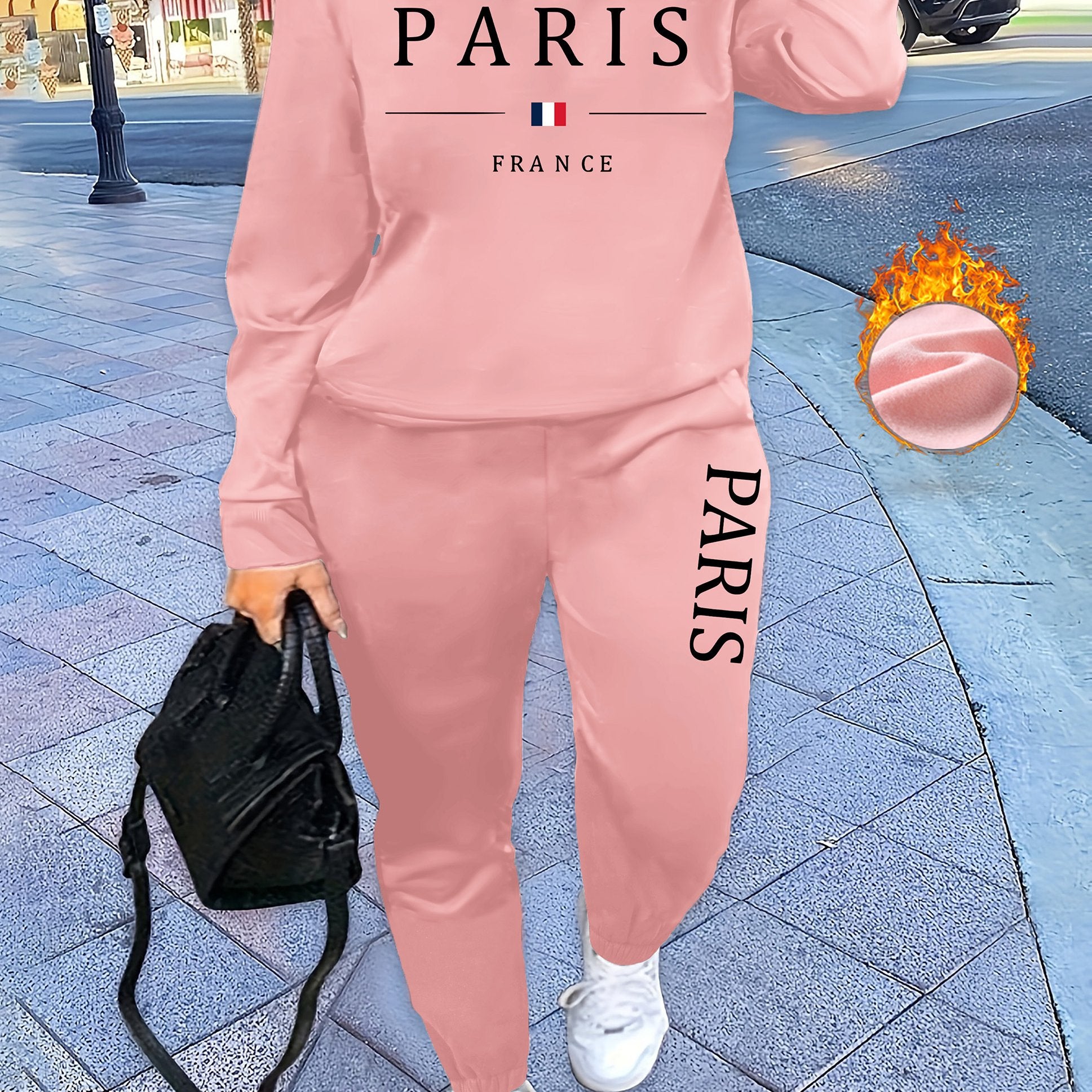 [Soft Texture] Women's Parisian Chic Letter Print Two-Piece Set - Cozy Gray Crew Neck Sweatshirt & Pants, 100% Polyester, Machine Washable, All-Season Comfort, Allseason Outfit|Parisian Chic Style|Cozy Material