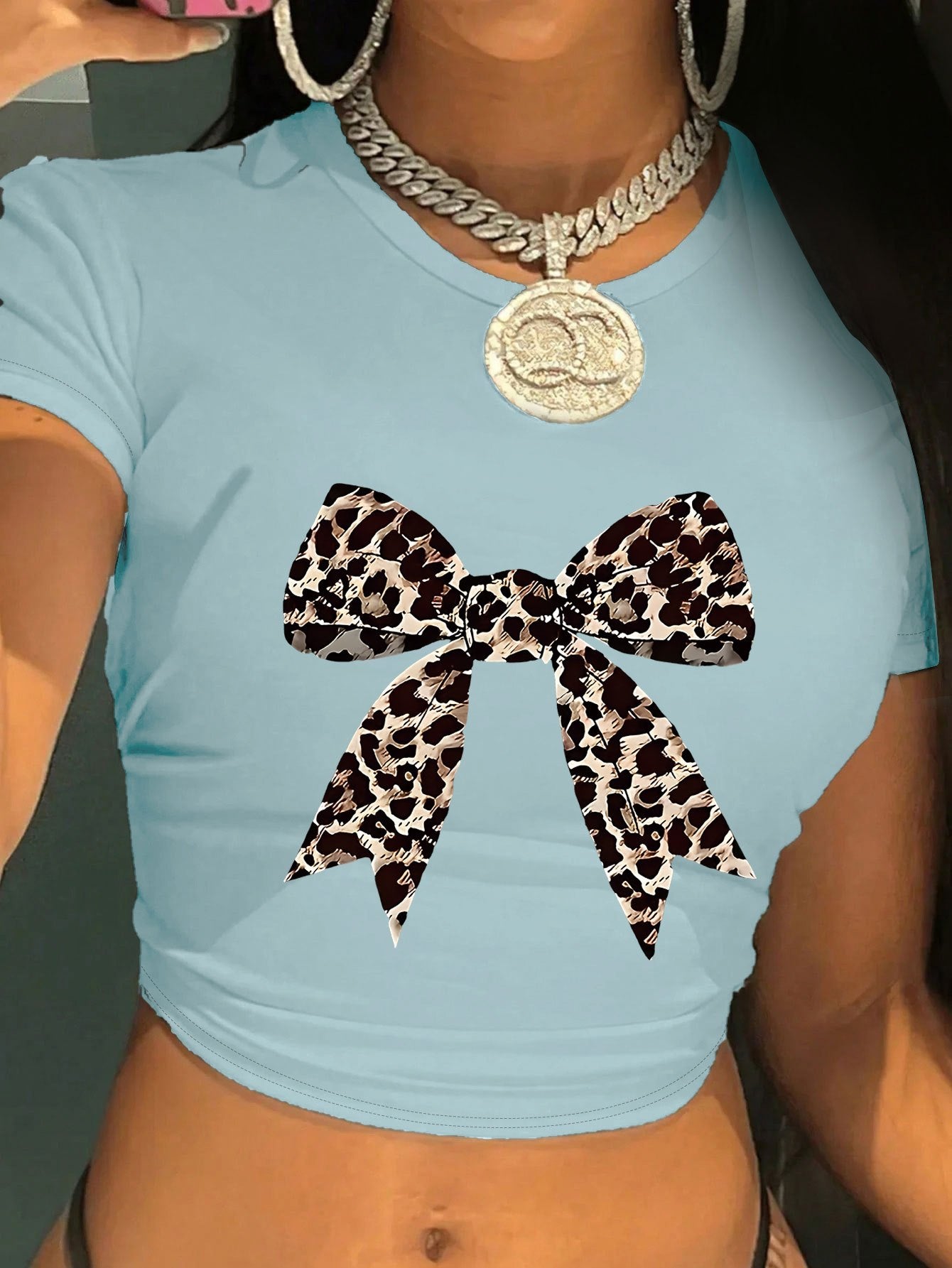 Women's Y2K Leopard Bow Print Cropped T-Shirt - Light Blue Soft Fabric, Machine Washable, Versatile Casual & Evening Wear, Style Statement Top | Elegant Design | Comfortable Fit, Leopard Print Shirt