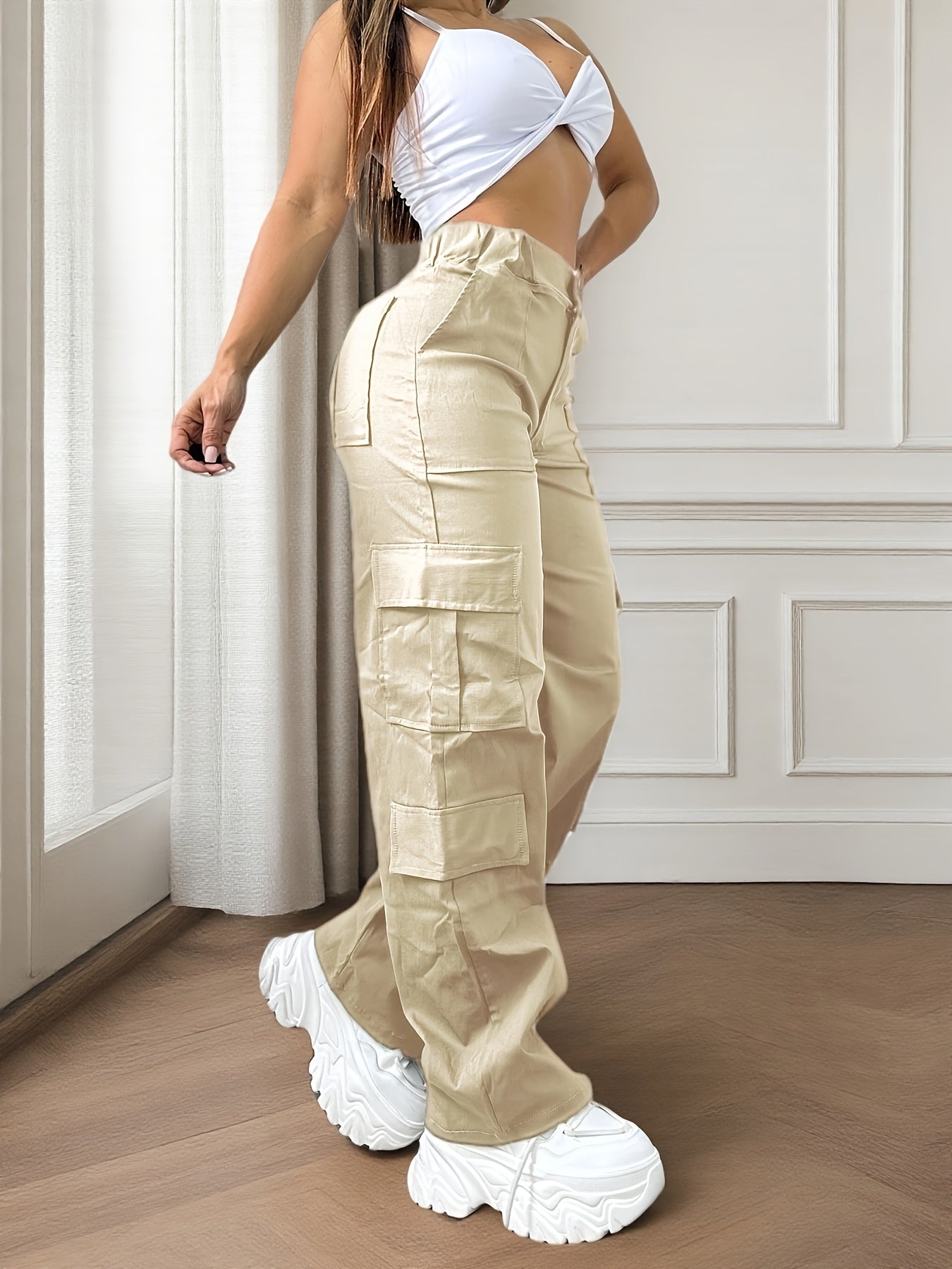 Women's Olive Green Cargo Pants with Multi-Pocket Design - Casual Flap Pockets, High Waist, Wide Leg, Street Style for Casual Attire