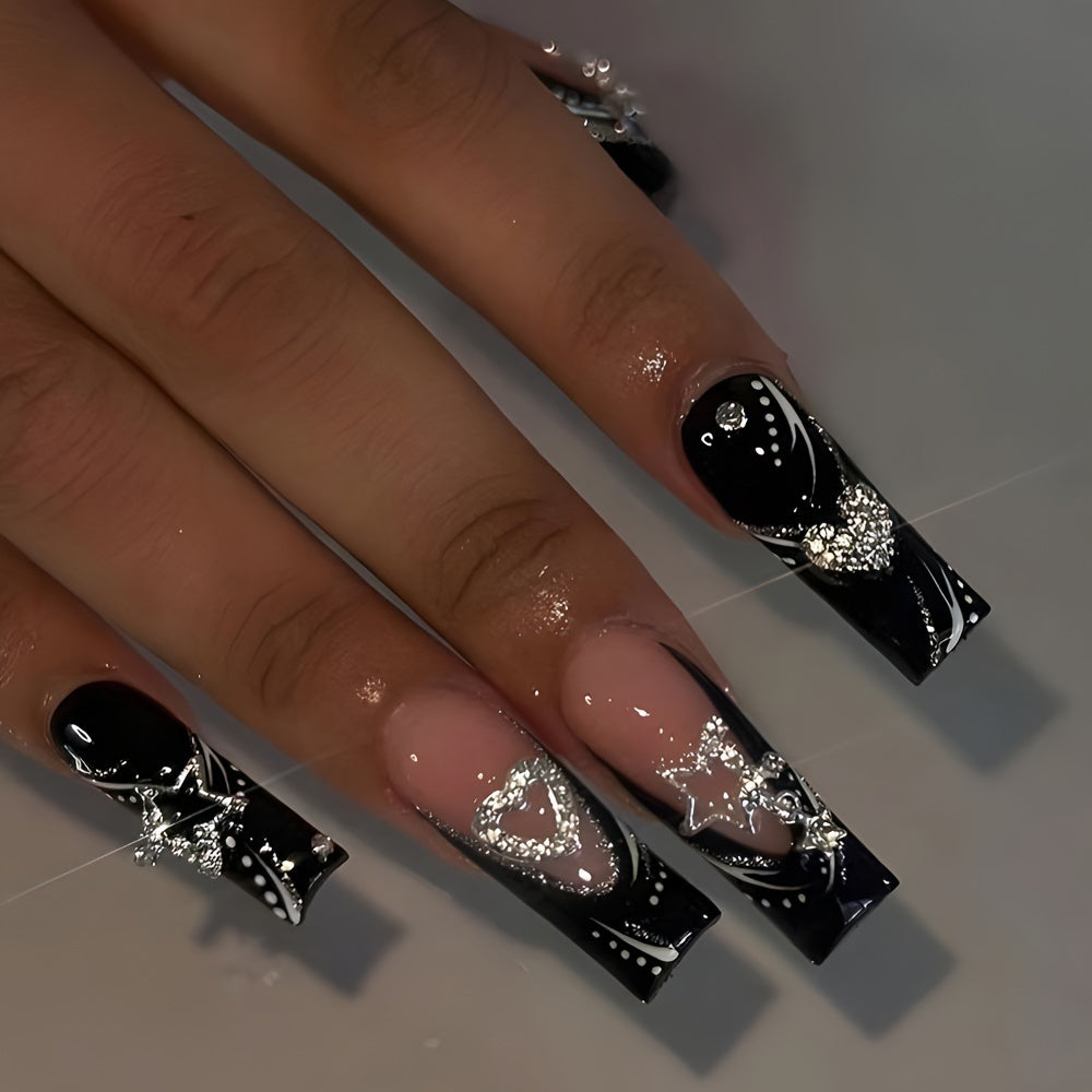 5-Pack (120 Pcs) Long Coffin Press-On Nails with Glittering French Tip - 3D Flower & Heart Rhinestone Design + 20pcs Ring Set - Mixed Glossy Finish, Adhesive Tabs & Nail File Included - Ultimate Glam for Women