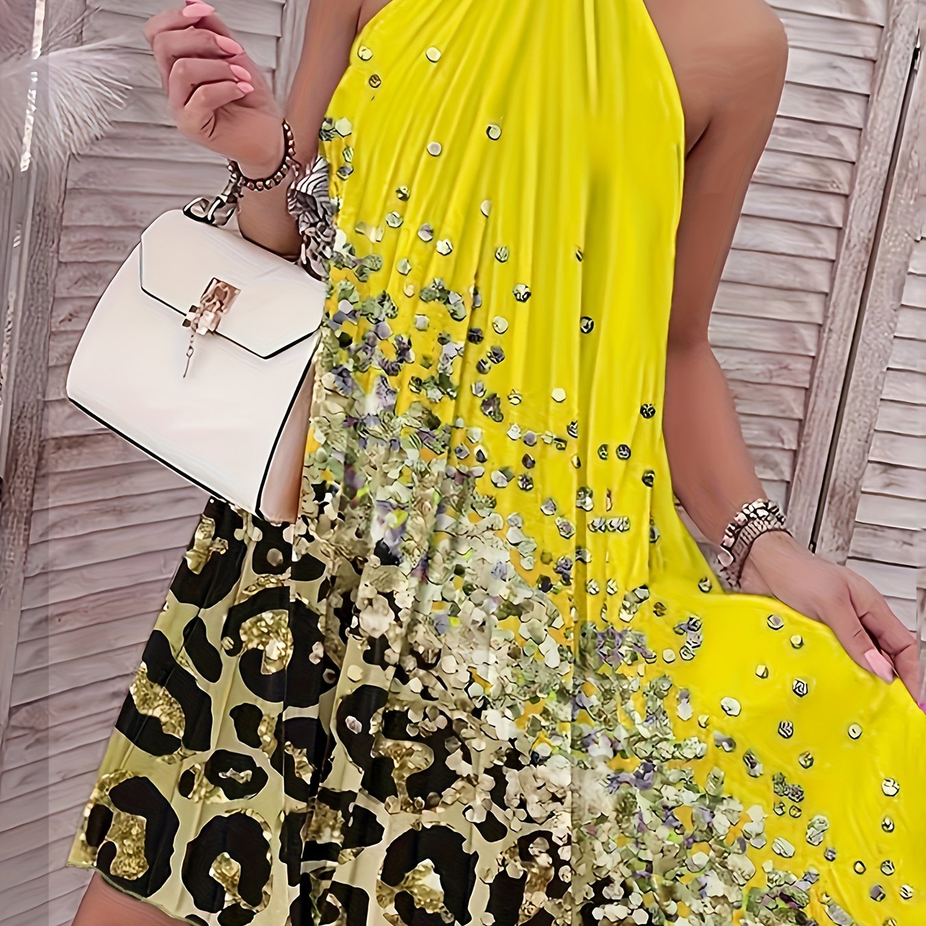 Graphic Print Pleated Halter Neck Dress, Elegant Sleeveless Loose Dress For Spring & Summer, Women's Clothing