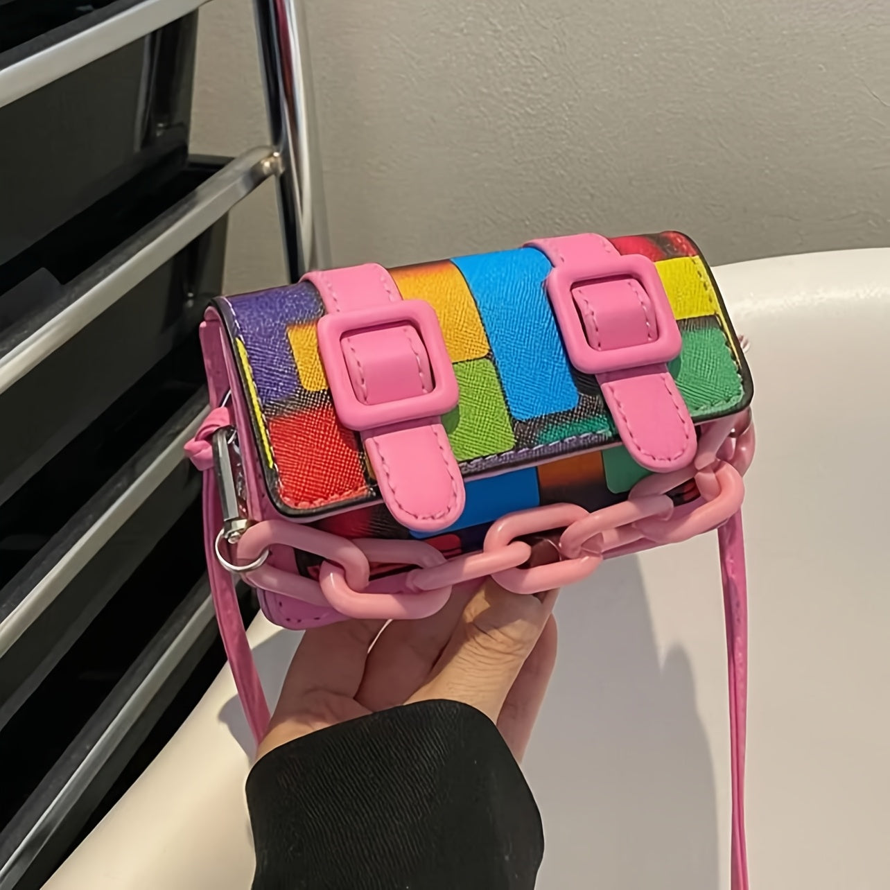 Color Block Mini Acrylic Chain Crossbody Bag - Vibrant Rainbow Pattern, Adjustable Strap, Magnetic Closure, Black Faux Leather, Stylish Accessory|Chain Strap Bag|Magnetic Closure Bag