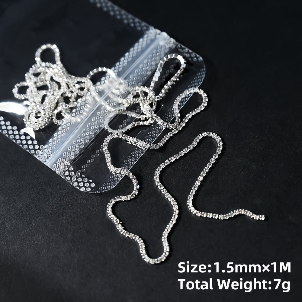 39.37inch Long Luxury Crystal Sparkling Chain Nail Charms with Rhinestones, 1.5mm Shinying Glitter Silvery Nail Art Metal Steel French Manicure Crystal DIY Nail Art Decoration, Nail Art Supplies for Women And Girls