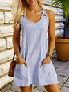 Women'S Sleeveless Casual Dress with Button Detail, Crew Neck, Striped Print, Double Pocket, Polyester 100%, Woven Fabric, 110g/m², All-Season A Pendulum Dress