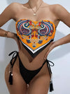 Paisley Print Napkin Shape Trim Bandeau Strapless Tube Top Tie Side Tassels Deco High Cut Two Piece Bikini Sets Swimsuit, Women's Swimwear for carnival & Music Festival