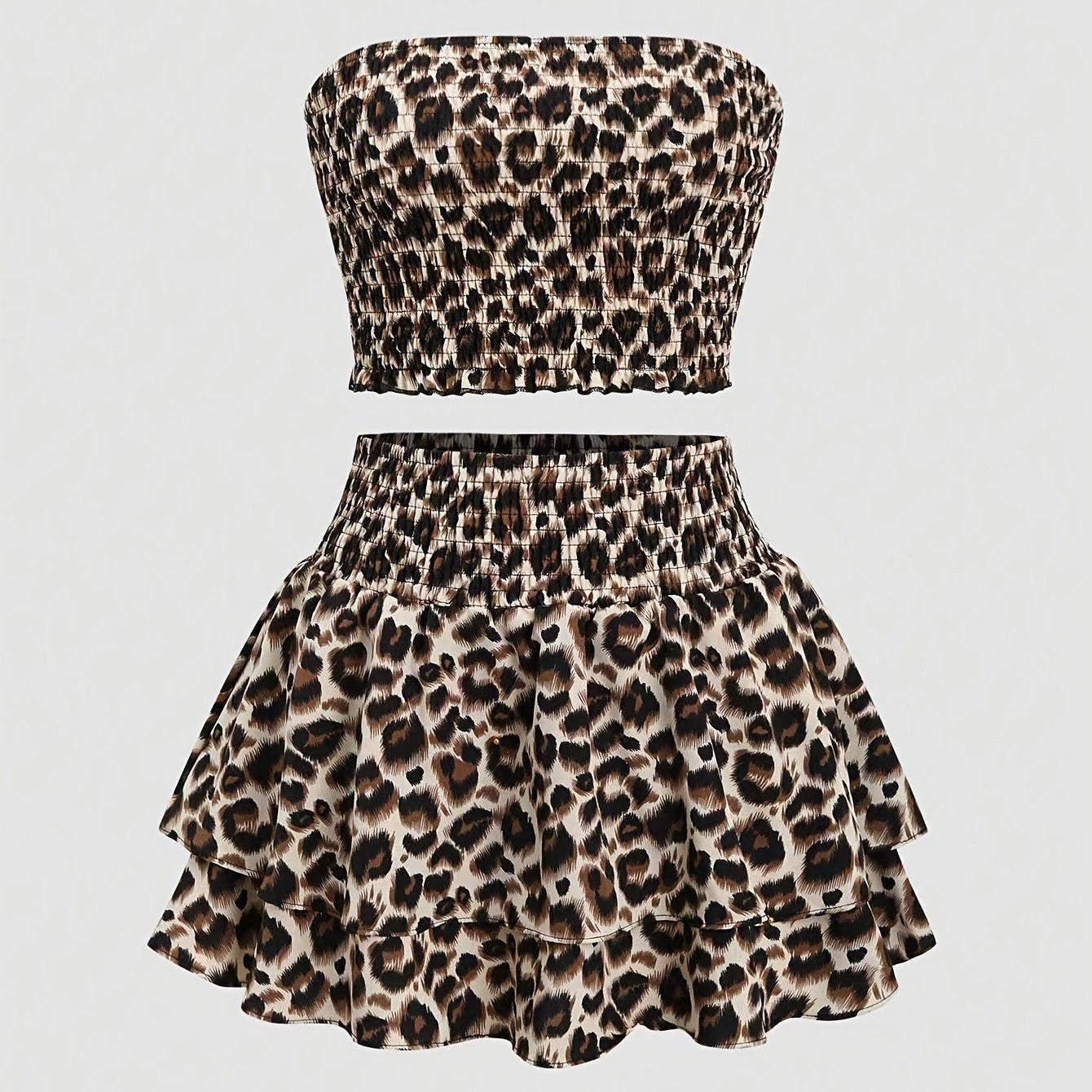 Women's sweet leopard print tube top and layered skirt woven two-piece fashion suit Elegant spring/summer print skirt 2pcs set