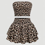 Women's sweet leopard print tube top and layered skirt woven two-piece fashion suit Elegant spring/summer print skirt 2pcs set
