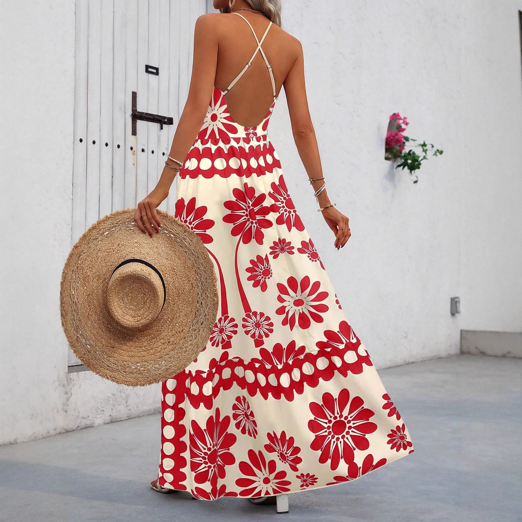 Printed Strap Maxi Dress With A Vacation-ready Open-back Design