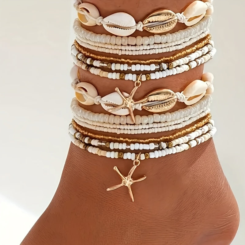 14pcs Bohemian Beaded Anklet Set with Starfish Charms and Shell Accents, Multi-Layer Stacking Beach Style Women's Ankle Bracelets for Daily Wear, Parties, and Vacation Casual, Casual Anklet Wear|Bohemian Style Anklet|Goldtone