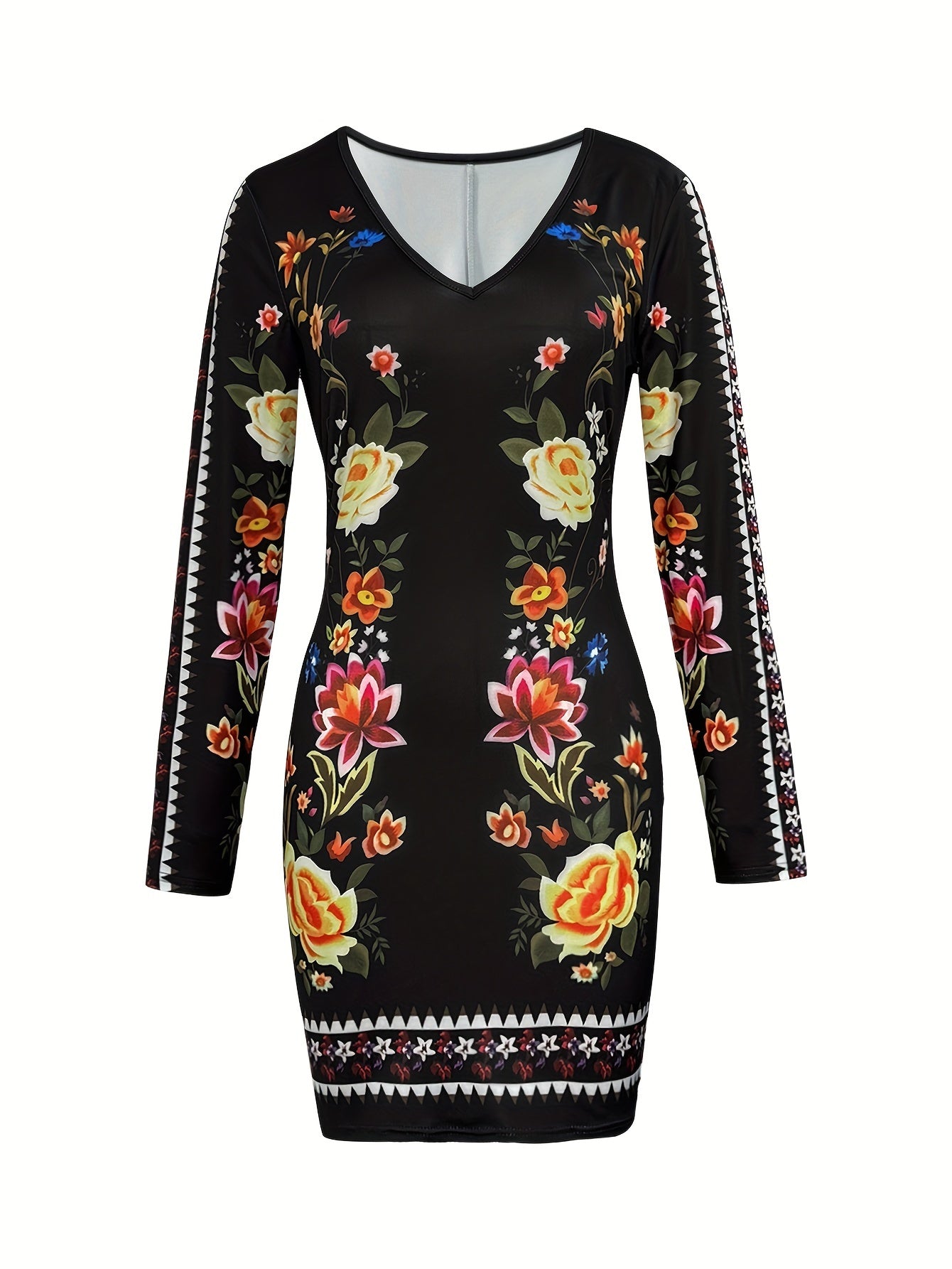 Autumn Elegance, Vintage Floral Print Deep V-Neck Bodycon Dress, Polyester Knit Fabric, Stretchy Elastane Blend, Elegant Fall Season Adult Dress, Fall Dresses