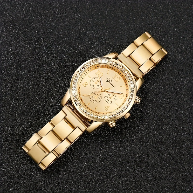 Vintage Style 2pc Watch and Bracelet Set for Women, Quartz Movement, Round Face, Stainless Steel Band, Zinc Alloy Case, Decorative Subdials, Includes Timer Feature, Non-Rechargeable Button Battery - Ideal Gift for Valentine's