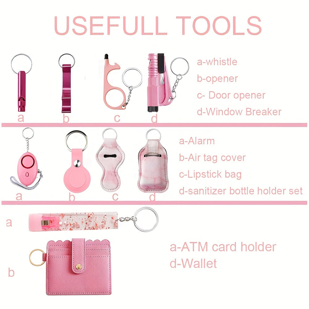 17pcs Women'S Safety Keychain Set with Personal Alarm, Friendship Love Theme, Oblong Shape, Snap Hook Closure, Floating Feature, Button Battery Included, Ideal Holiday Gift