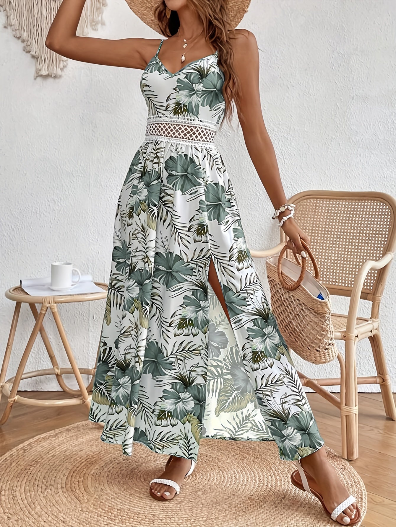 Floral Print Spaghetti Strap Dress - Elegant Sleeveless Split Dress For Spring & Summer - Women's Clothing -  For Women - Perfect for Parties & Casual Occasions - Ideal Gift for Her