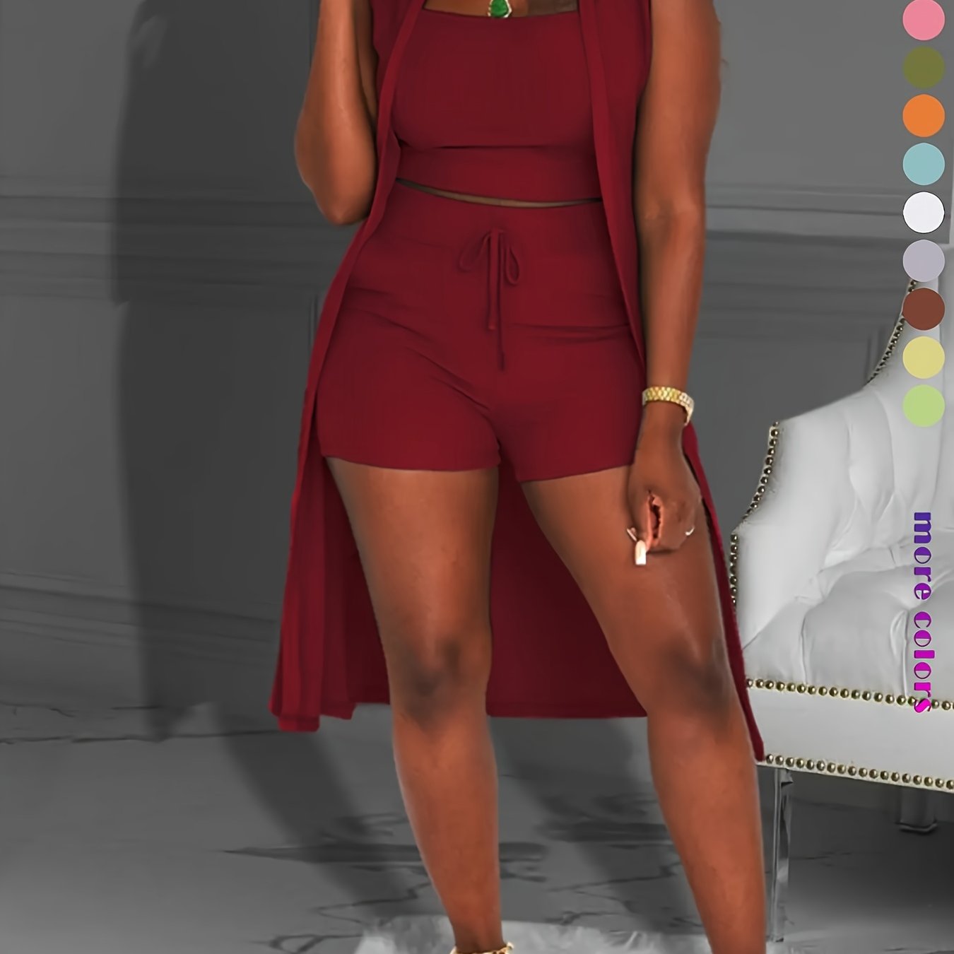 Women 3pcs Outfits Ribbed Sleeveless Kimono Cardigan Cover Up Tank Crop Tops Bodycon Shorts Tracksuit Lounge Sets, Casual Ribbed 3pcs Set, Crop Top+high Waisted Drawstring Pants+long Cardigan, Women's Clothing