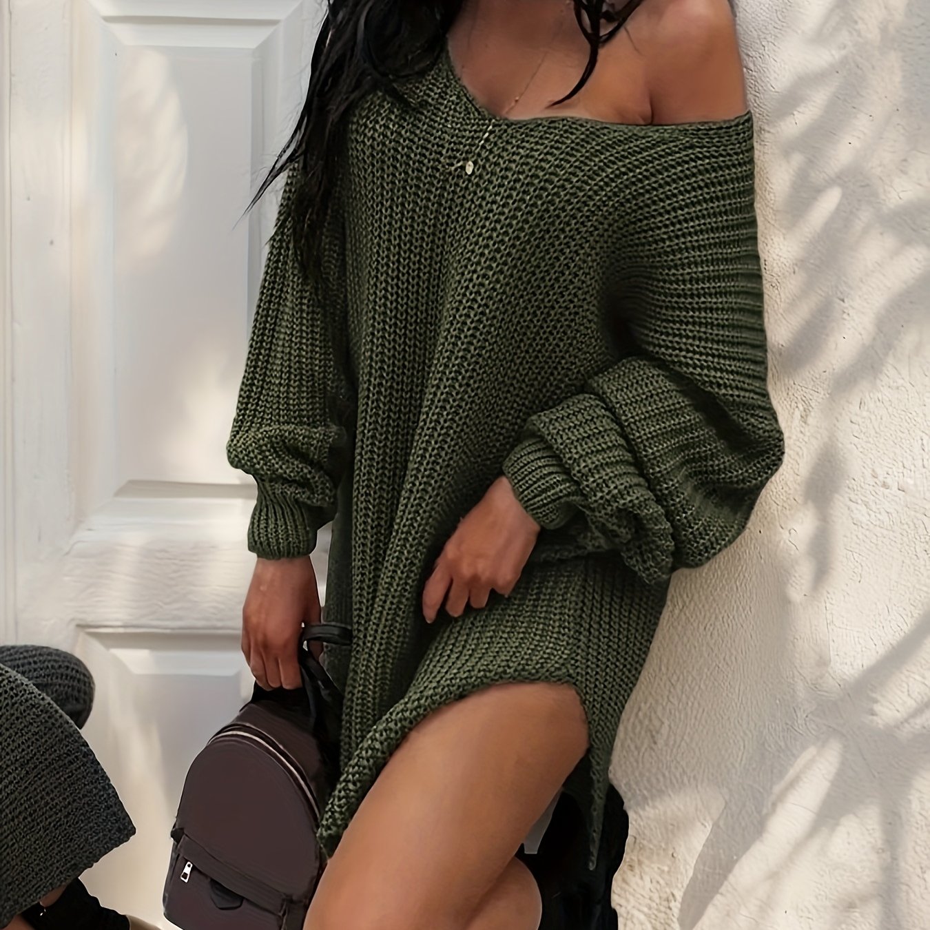 Women's Elegant Sexy Knitted Dress Loose Long Pullover Drop Shoulder Pullover Suitable for Spring And Autumn