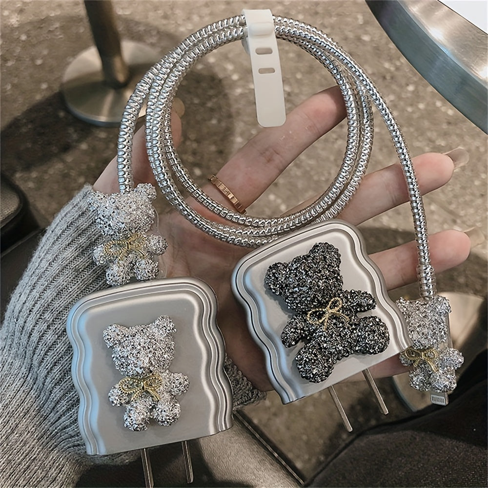 Electroplated Silvery Cartoon Bear Charger Protective Case