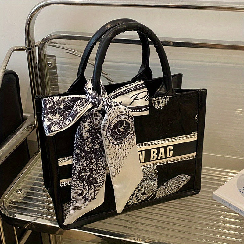 Large Capacity Fashion Letter Print Tote Bag with Scarf Bow - Stylish Synthetic Leather Shoulder Bag for Women, Floral Pattern, Zip Closure, Perfect for Commuting & Everyday Use, Large Tote Bag