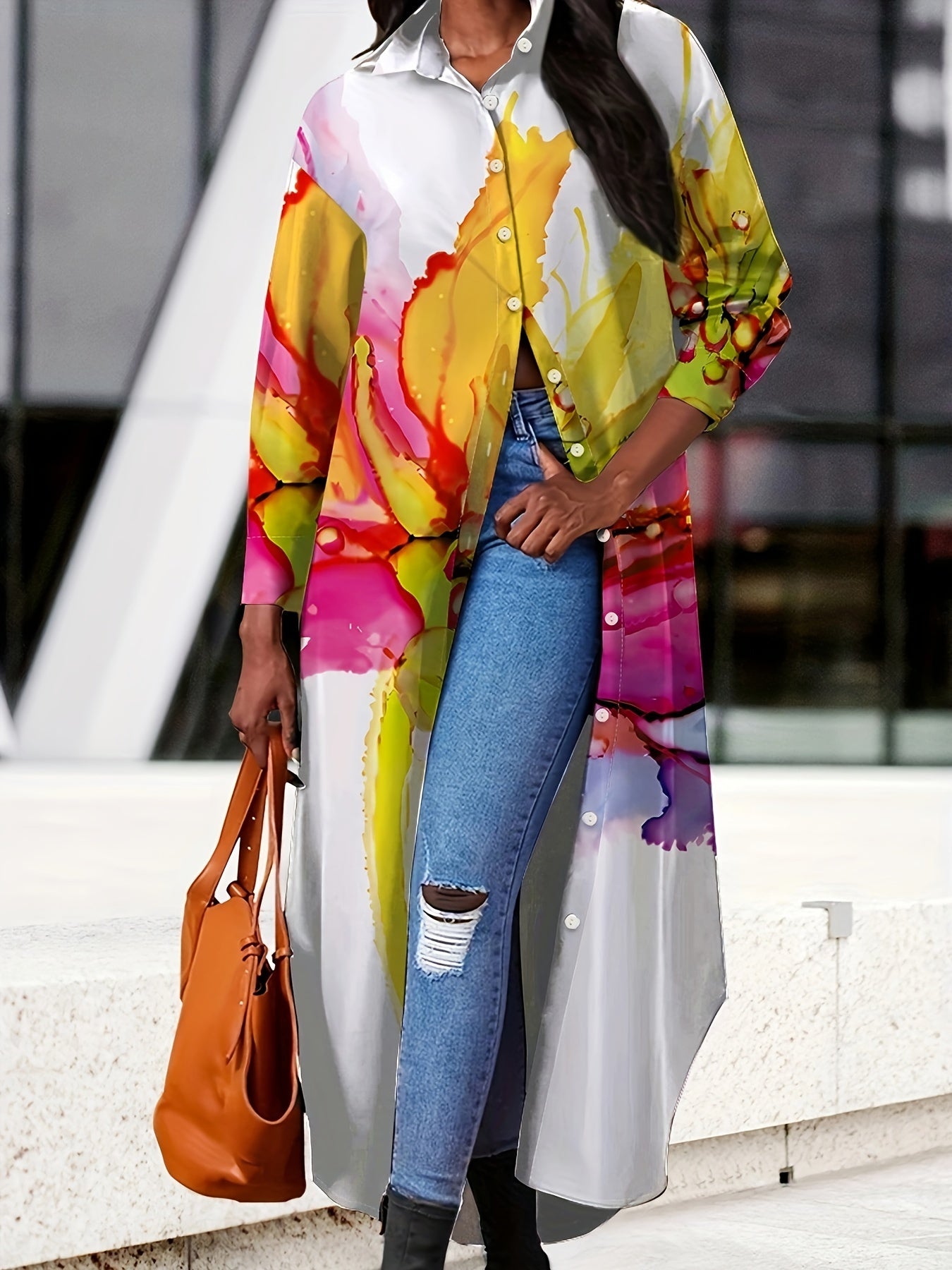 Floral Print Long Sleeve Shirt Dress - Polyester, Button Closure, Casual Style, Suitable for All Seasons