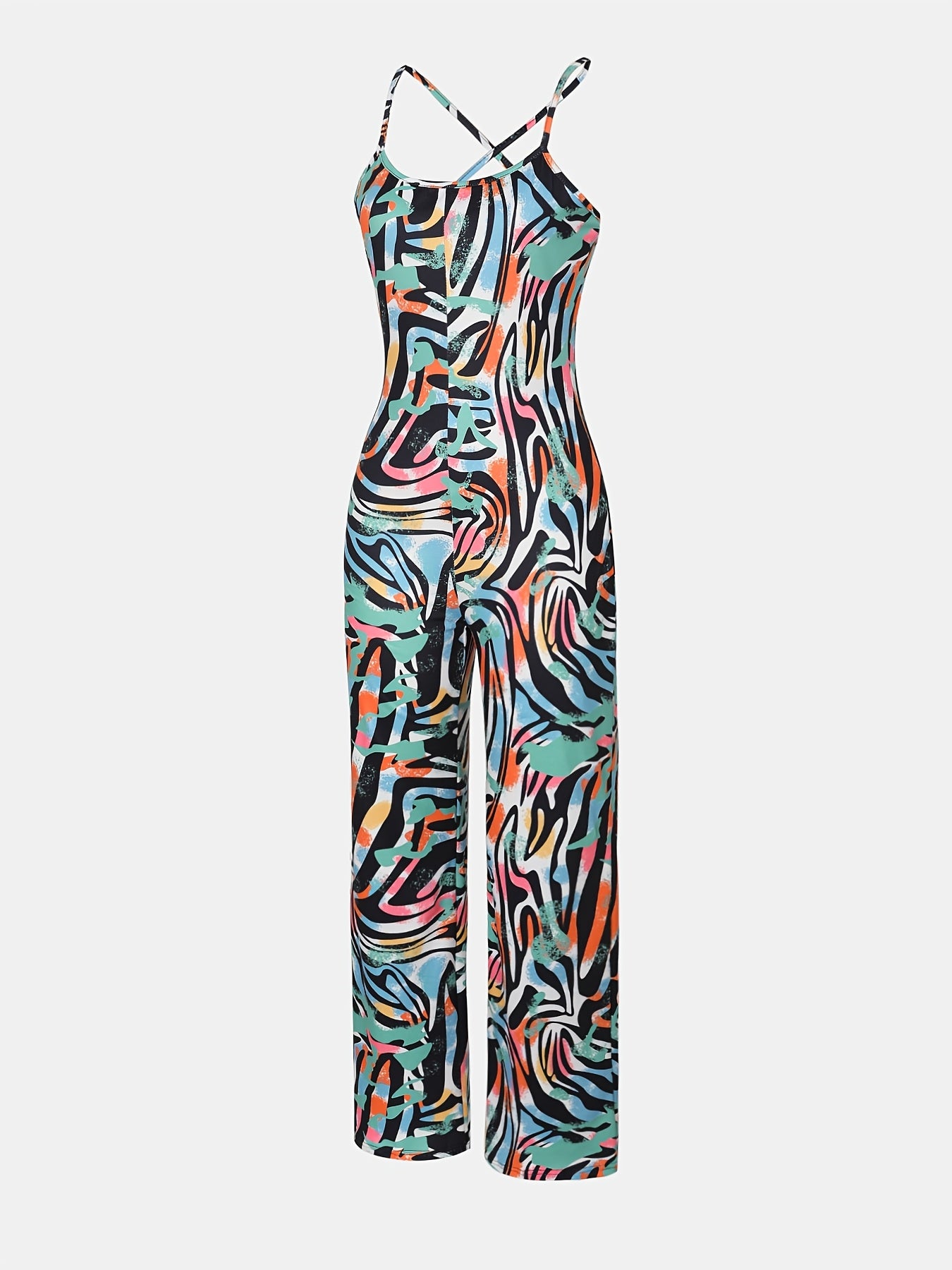 Women's Stylish All-Over Print Cami Jumpsuit - Vibrant Abstract Pattern, High Elasticity, Machine Washable, Perfect for Spring/Summer/Fall