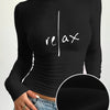 Women'S Elegant Long Sleeve Crew Neck T-Shirt with "Relax" Letter Print, Knit Polyester Blend, Skinny Fit, Short Length, Medium Stretch, Fall/Winter Casual Layer Top