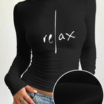 Women'S Elegant Long Sleeve Crew Neck T-Shirt with "Relax" Letter Print, Knit Polyester Blend, Skinny Fit, Short Length, Medium Stretch, Fall/Winter Casual Layer Top