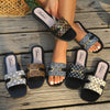 Women's Fashionable Black and White Geometric Pattern Slide Sandals with Golden-Tone Metal Buckle, Flat Heel, PU Cover Upper, Rubber Sole - Casual Summer Footwear, Flat Heel Sandals|Geometric Pattern Sandals|Durable Rubber So