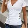 Women's Elegant Deep V-Neck Short Sleeve Blouse with Eyelet Detailing and Button Accents, Breathable Polyester for Spring/Summer, Perfect for Casual or Dressy Outfits, Ladies Blouses