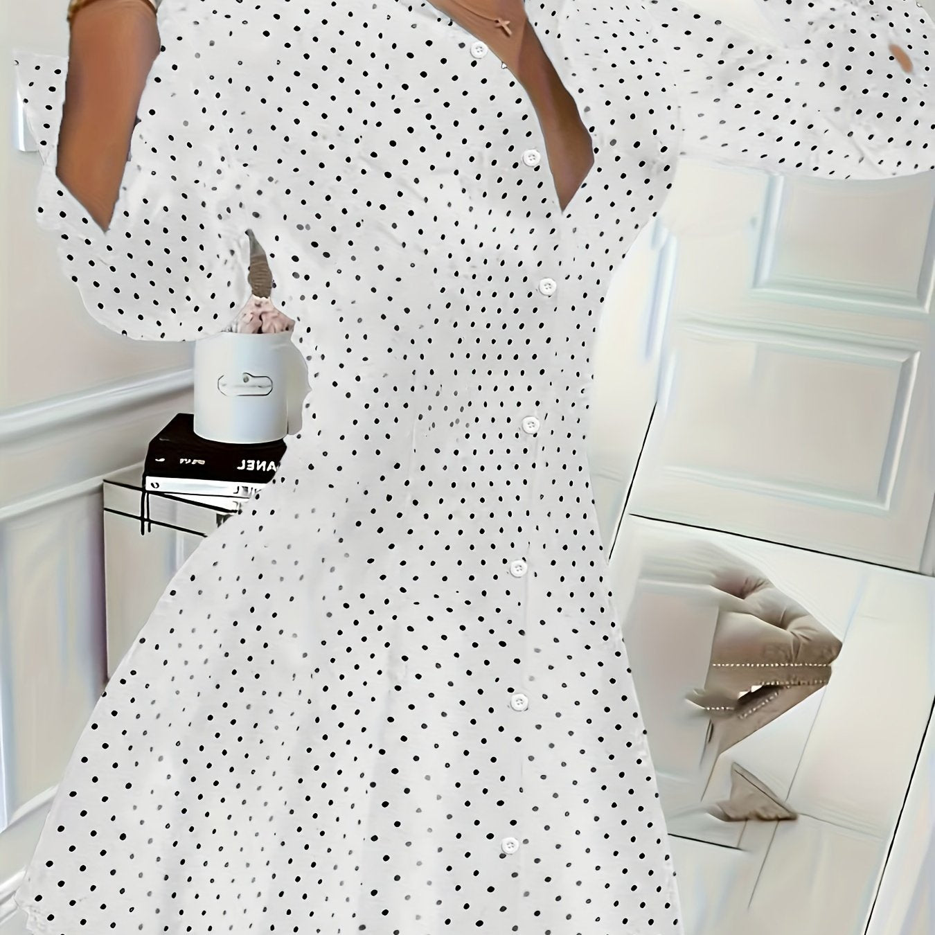 Polka Dot Button Front Dress - Elegant Long Sleeve Pleated Dress For Spring & Fall - Women's Clothing - For Women - Suitable for Parties & Casual Occasions - Perfect Gift for Her