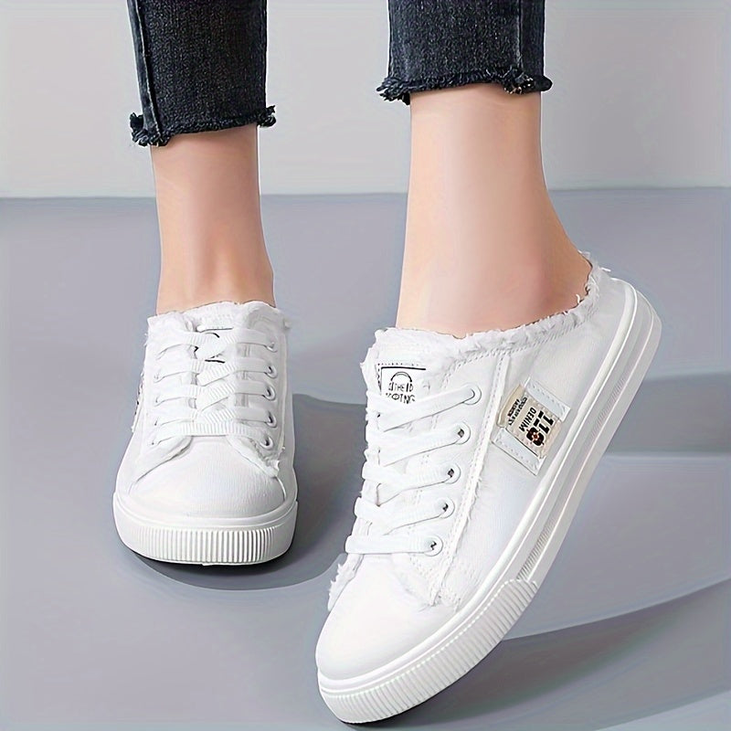 Round Toe Breathable Women's Solid Canvas Shoes Slippers Lace Up Slip On, All-match Footwear