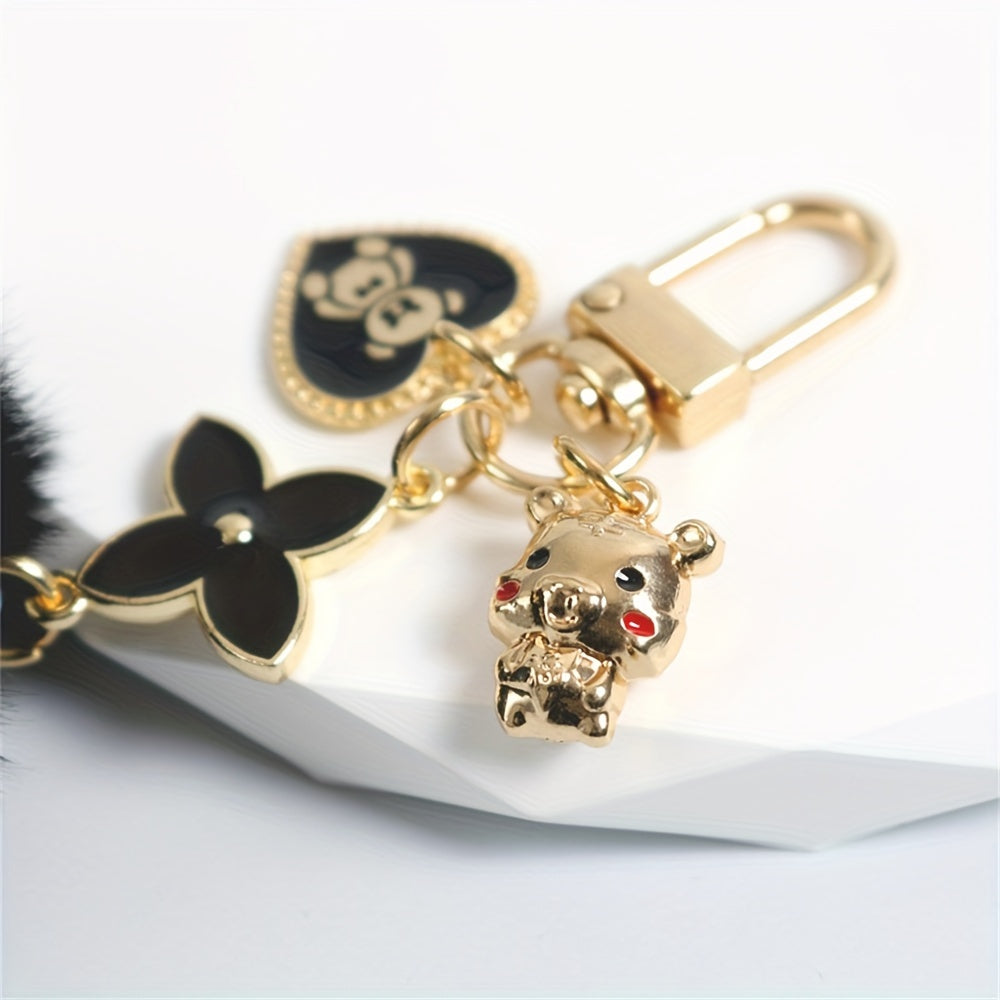 Fashion Heart and Teddy Bear Charm Keychain with Faux Fur Pom Pom, Creative Cute Wall-Mounted Key Hooks, Metallic Unfinished Style with Special Decorative Features