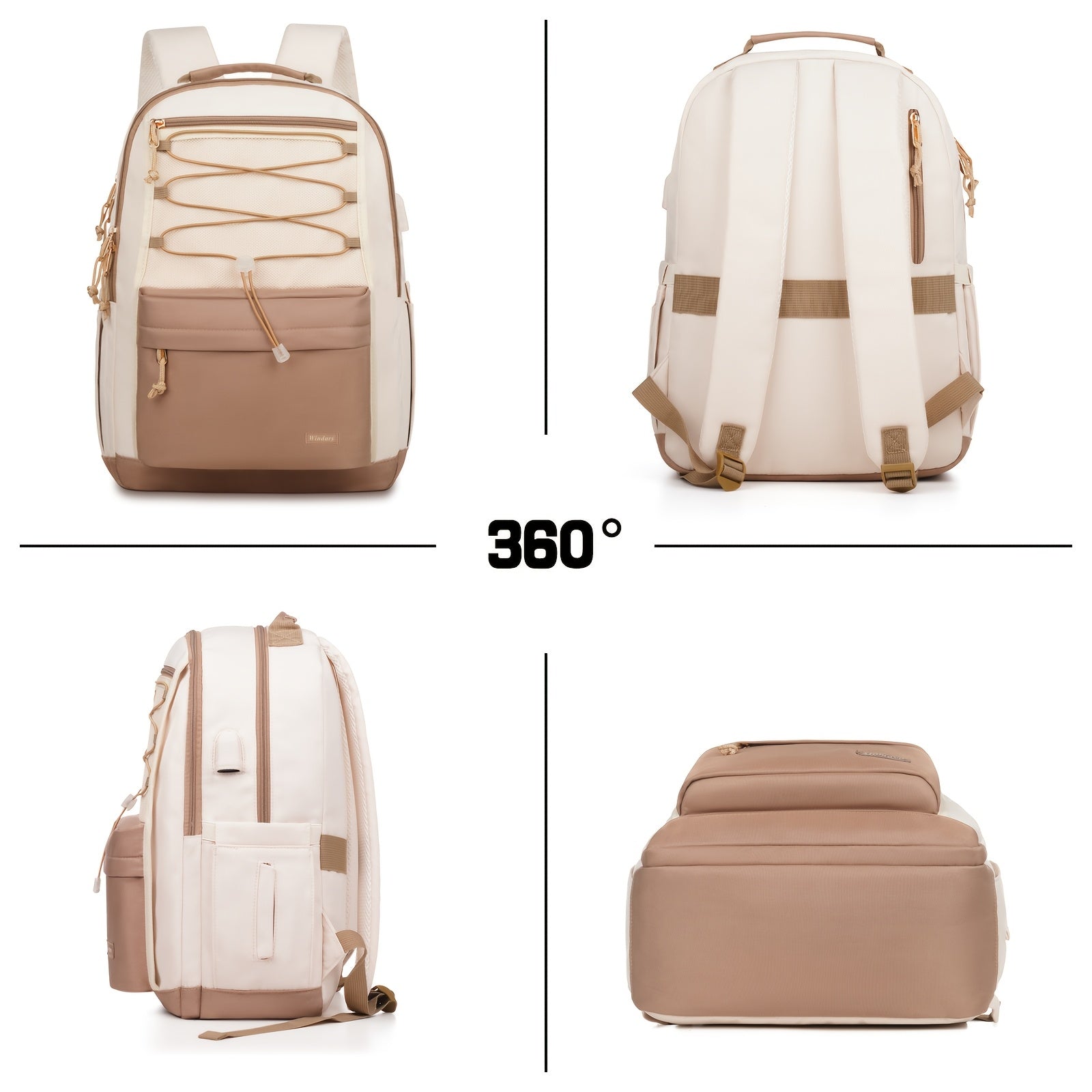 Stylish Large Capacity School Backpack for Teens Girls & Women Students - 15.6 Inch Laptop Bag with USB Charging Port, Durable Polyester College Bookbag, Khaki/Beige Travel Backpack for Work & Daily Commute, Backpack for Scho