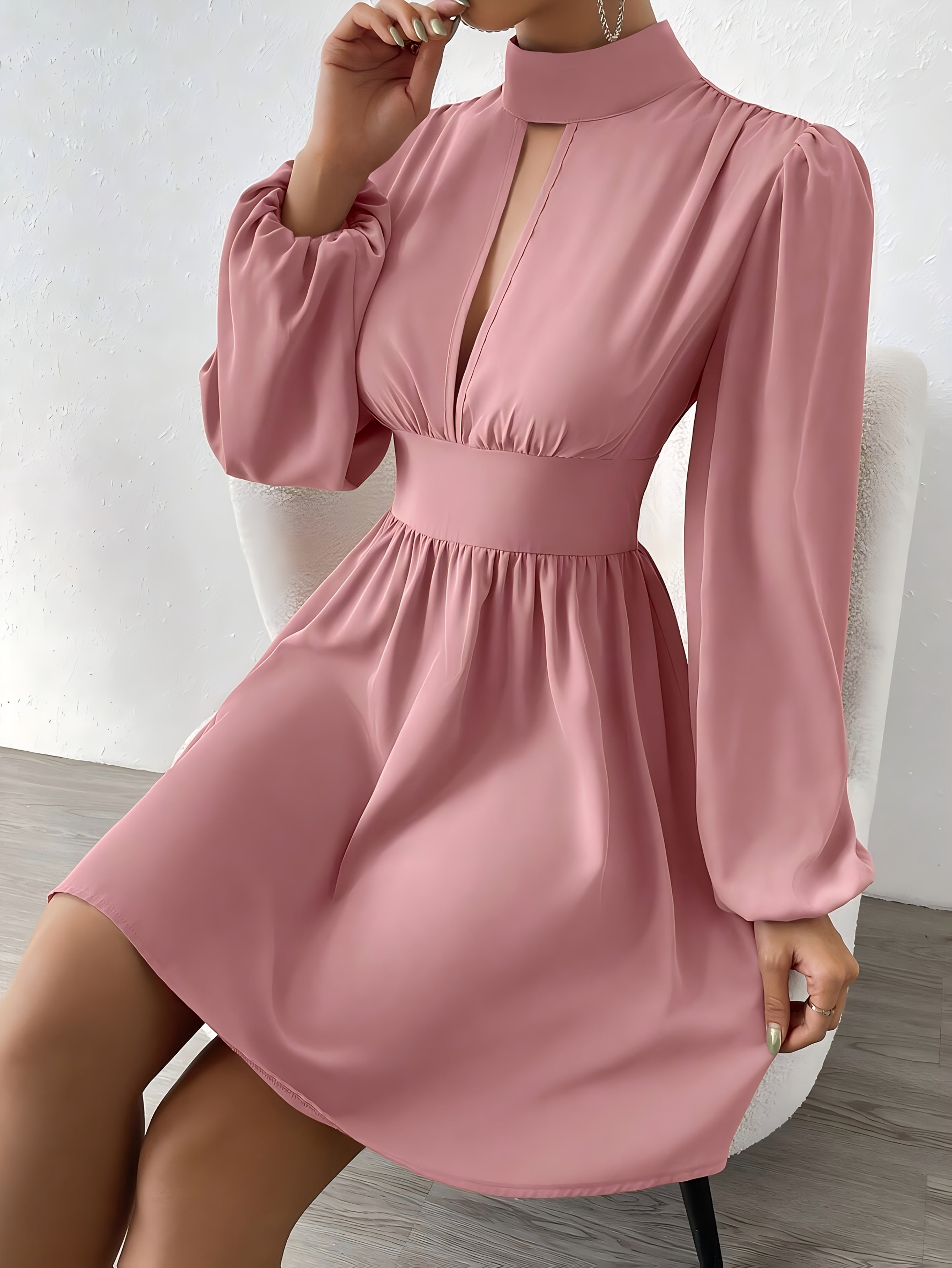 Women's Elegant Waist-Cinching Long Sleeve Dress - Soft Pink Small Round Neck Blouse-Style Top with Flared Skirt, Machine Washable Spring/Fall Office & Casual Wear