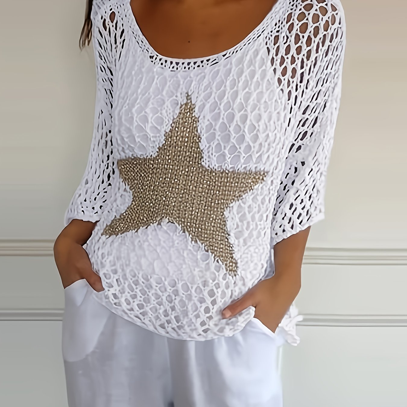 Women's Loose Hollow Star Cardigan Round Neck Shirt Summer Swim Cover-Up