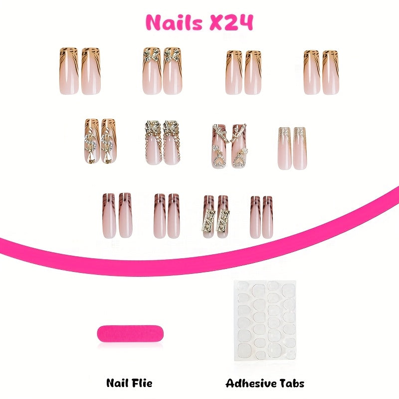 24pcs Luxury French Tip Press-On Nails Set, Leopard Print with 3D Golden Accents, Rhinestone Hearts & Dollar Symbols, Glossy Finish, Long Square False Nails for Women and Girls