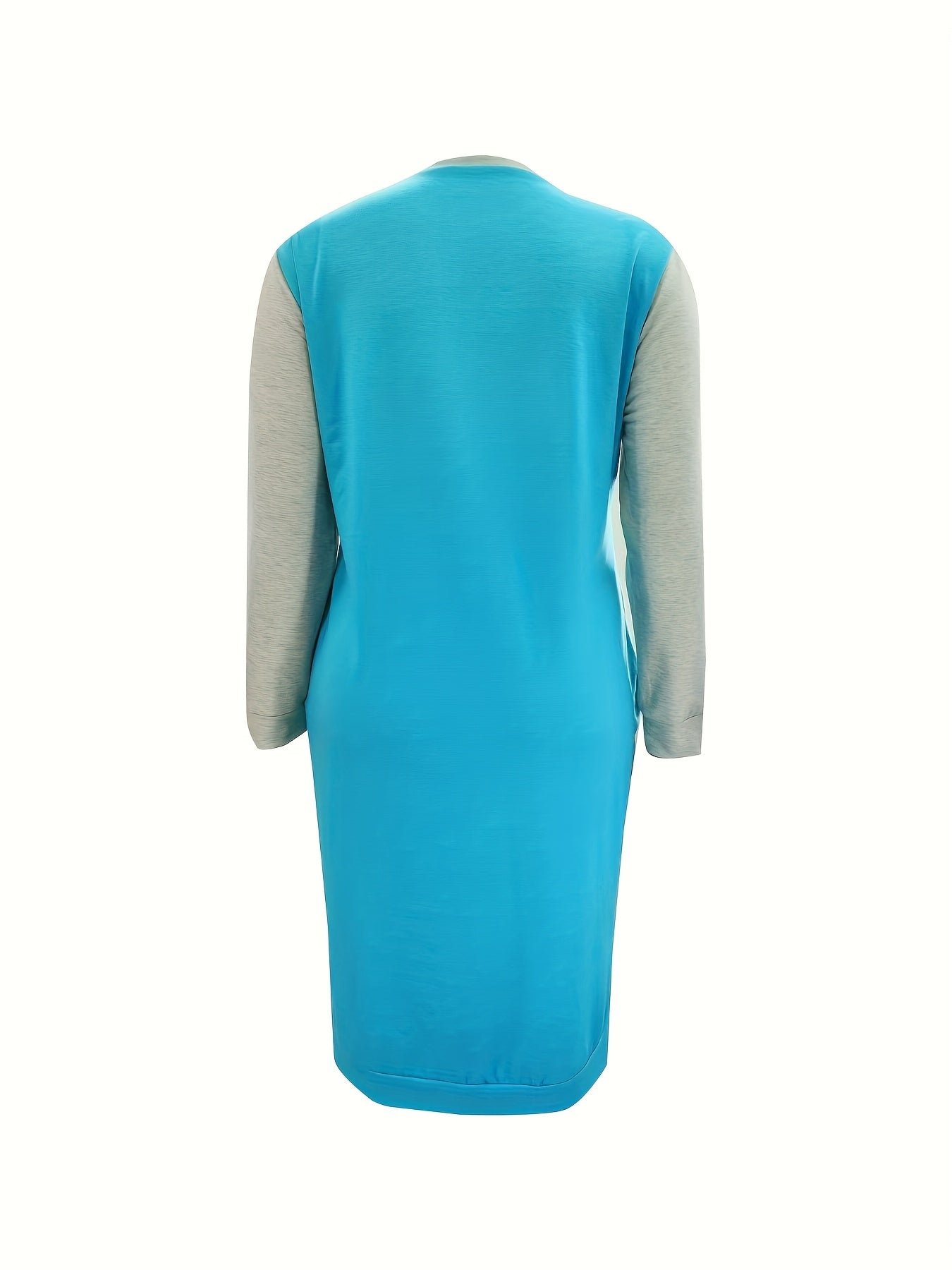 Plus-Size Casual Dress for Women, Featuring a Stylish Printed Color-Blocked Design with a Slit, Resembling a Sweatshirt Dress.