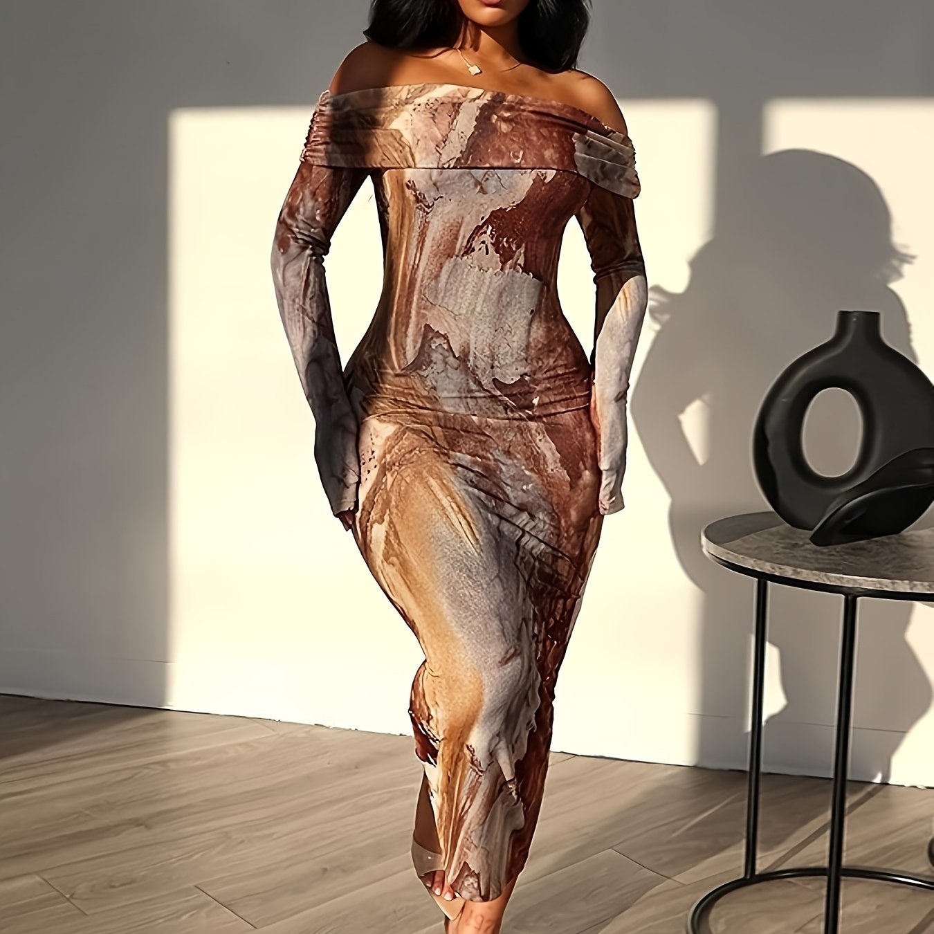 Tie Dye Off Shoulder Dress - Elegant Long Sleeve Bodycon Dress For Party & Club - Polyester - For Women - Suitable for Weddings, Engagements, Parties - Perfect Gift for Her