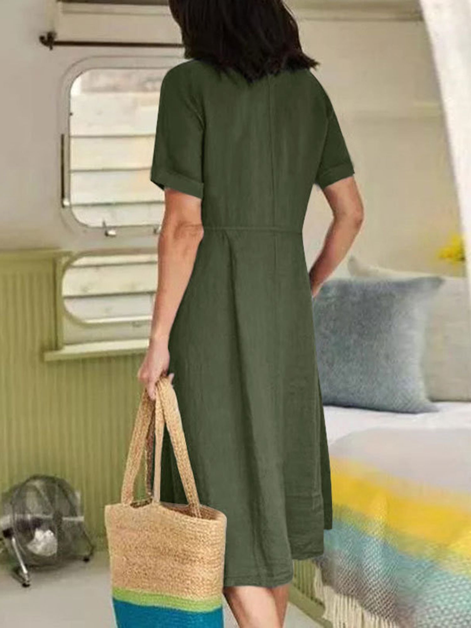 Ladies' Summer Casual Button Mini Dress, Pleated Short-Sleeved Solid Color Loose High-Waisted And Linen Dress