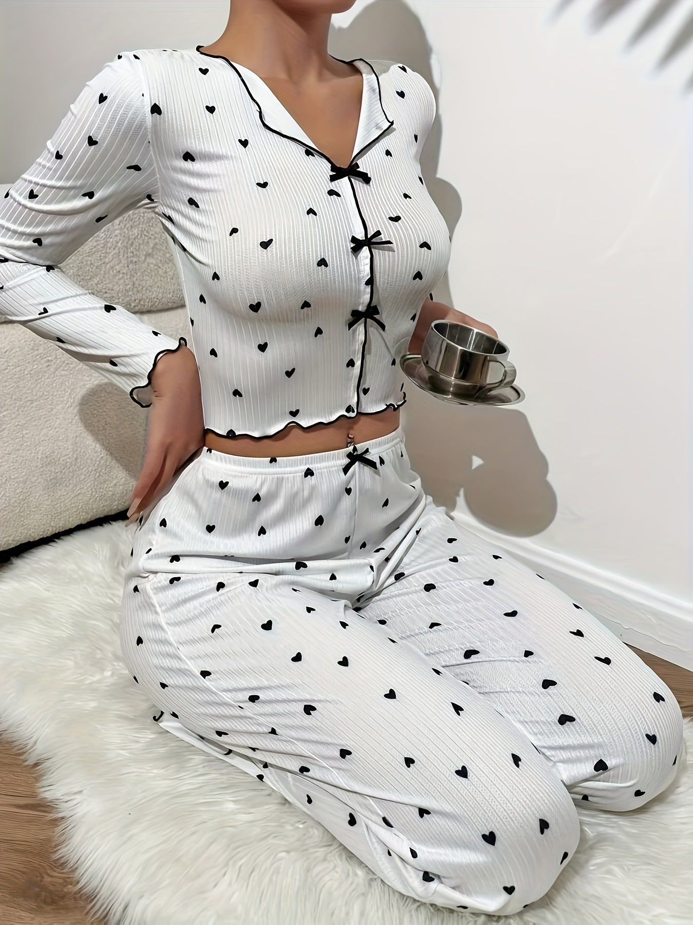 Autumn New Product Love Print Collar Spiral Jacquard Women's Long Sleeve Long Pants Home