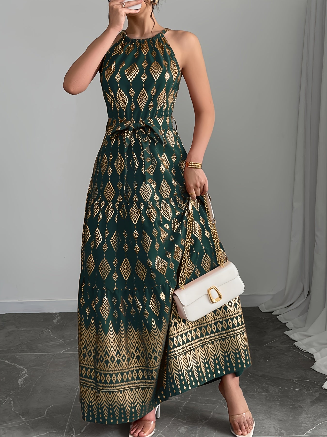 Women's Red Geometric Print Halter Neck Sleeveless A-Line Maxi Dress - Tie Waist, Vacation Style, Lightweight Polyester for Spring/Summer