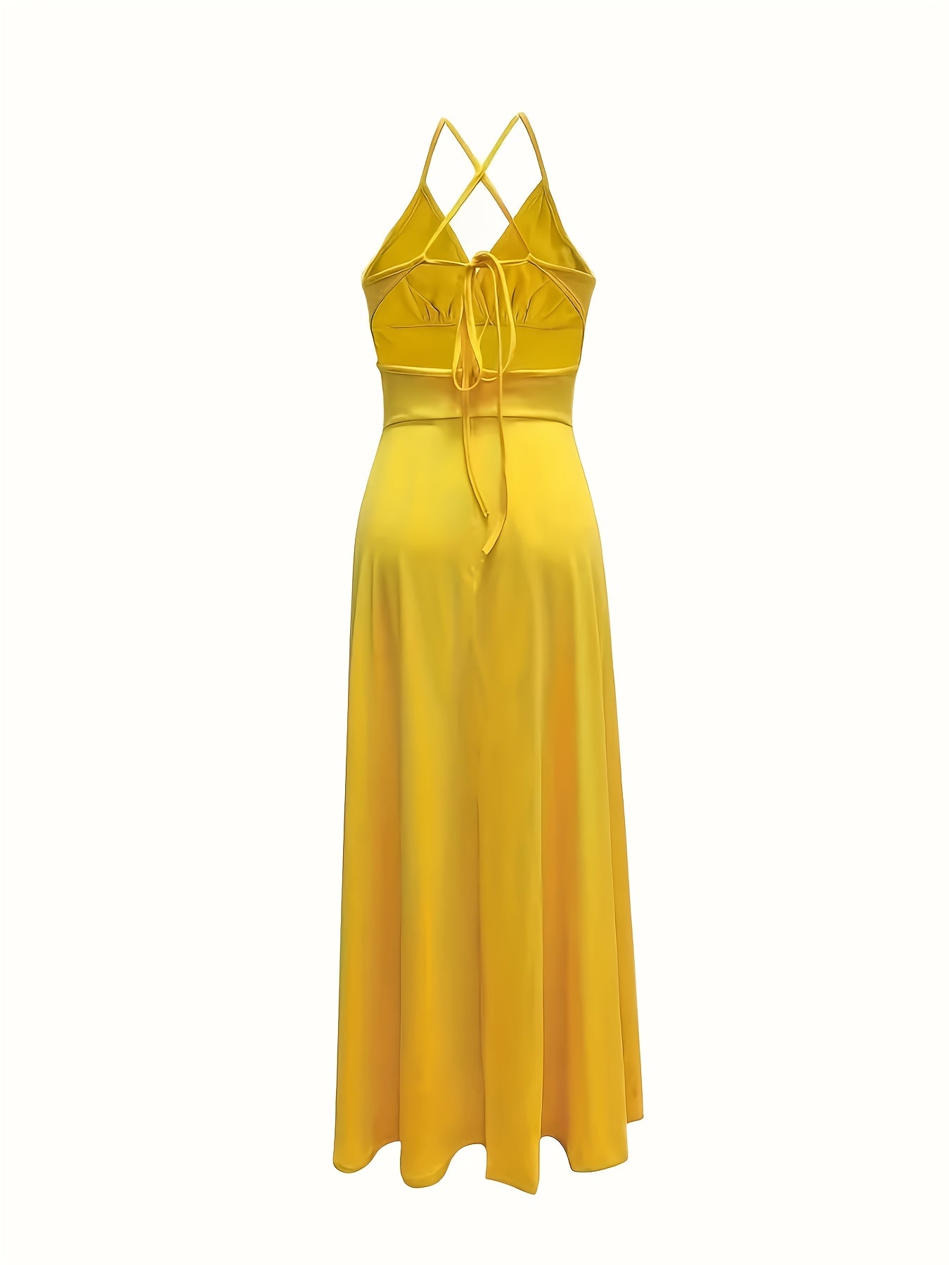 [Sensual Maxi Dress] Bright Yellow Polyester Women's Sexy Lace-Up Backless V-Neck Sleeveless Maxi Dress | with High-Low Hemline, Spring/Summer Elegant Party & Banquet Wear