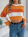 [Cozy Acrylic Crop Sweater for Women] Chic Color Block Striped Lantern Sleeve Crop Sweater - Cozy Acrylic Knit for Women, Perfect for Fall/Winter Vacations