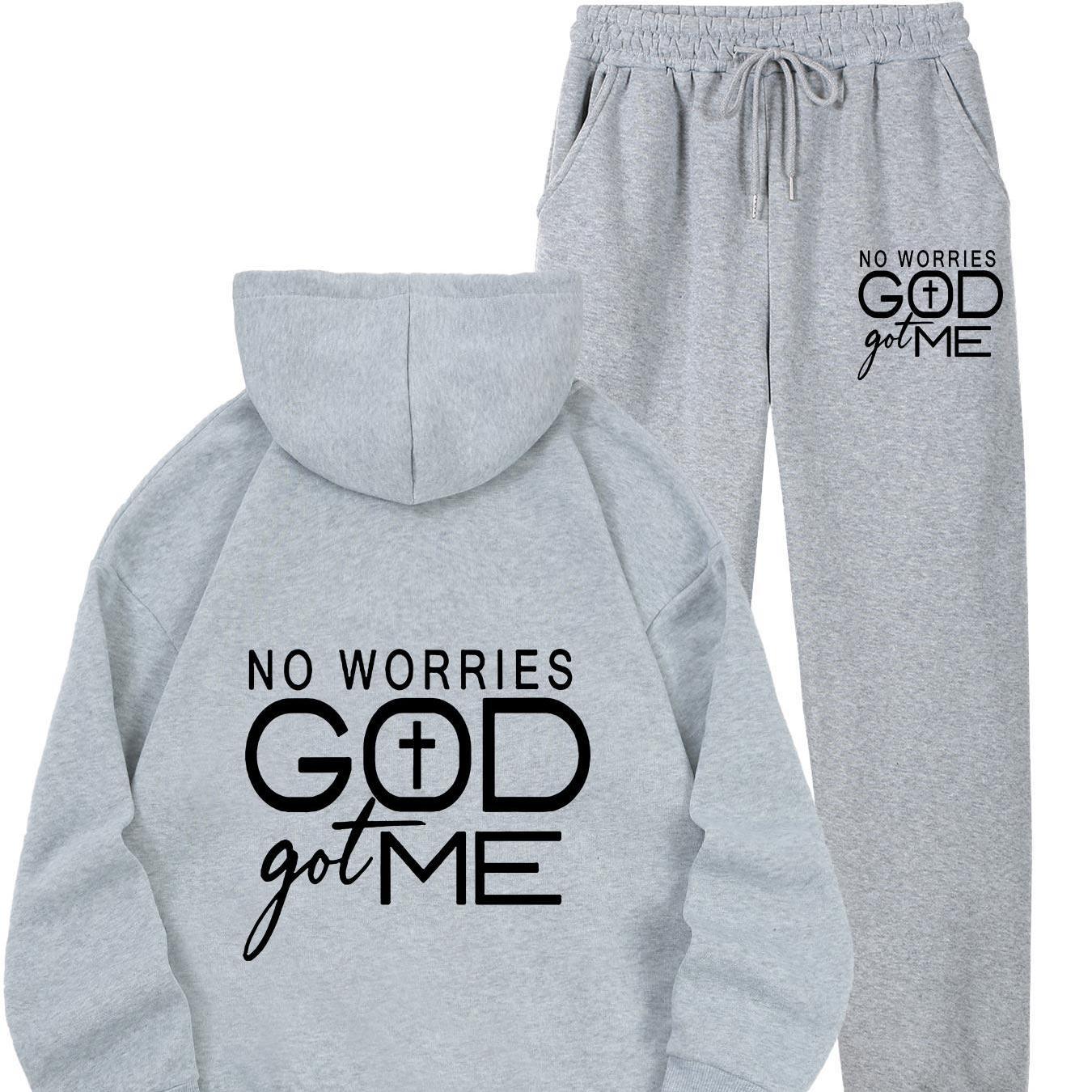 No Worries GOD Got Me Printed Women's Casual Sports Set, Sports Kangaroo Pocket Hoodie Set, Women's 2pcs Warm Set