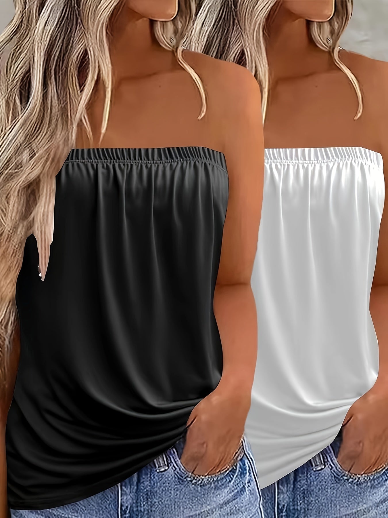 2-Pack Elegant Strapless Bandeau Top, Solid Color Jersey Knit Fabric, Stretchy Polyester 100% Sleeveless Backless Summer Tank Tops