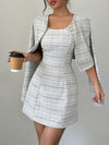 Women'S Elegant Plaid Dress and Jacket Set - A-Frame Mini Dress with Button Front, Stretchy Polyester Fabric, Perfect for Fall and Winter, Stylish and Comfortable Outfit|Chic Mini Dress|Buttoned Jacket, Cute Dresses