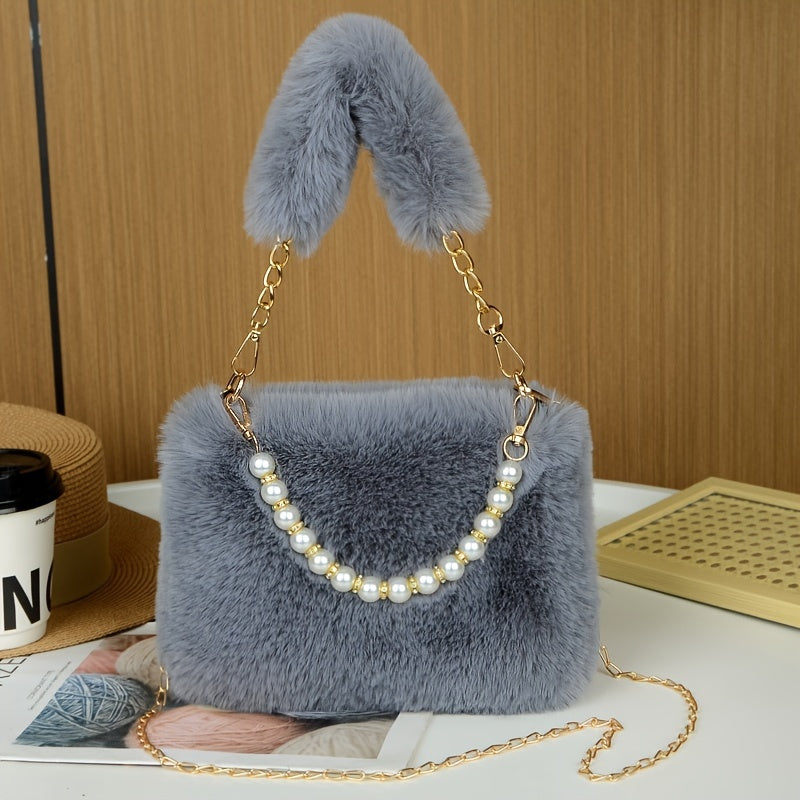 Faux Fur Shoulder Bag with Chain Strap, Synthetic Solid Color Handbag, Zipper Closure, Unlined, Non-Washable - Fashionable Mini Square Purse for Women