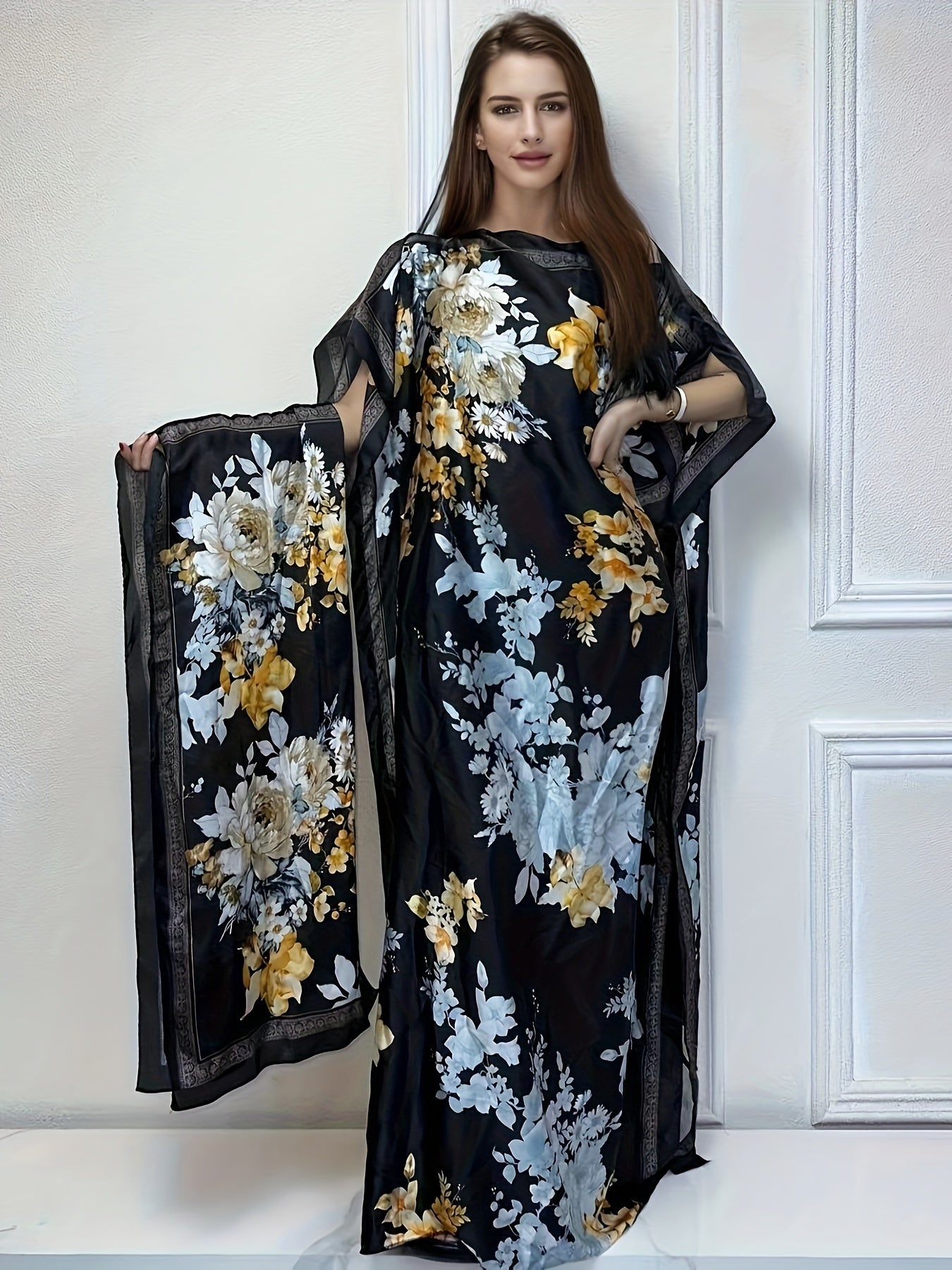 WINYI Women'S Long Kaftan Dress, Polyester 100% Crew Neck Tunic with Belt, Loose Fit All Over Print, Middle Eastern Bohemian African Style, Beach Cover Up, Elegant Evening Abaya for Dubai, Spring/Summer Collection